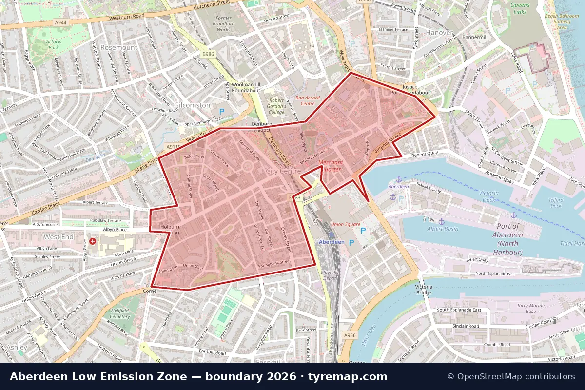Map of the Low Emission Zone boundary in Aberdeen, 2026