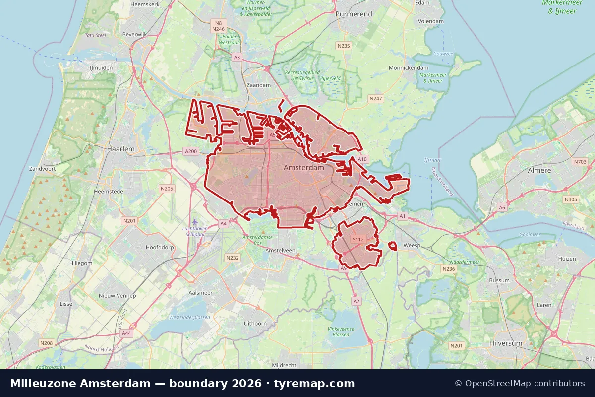 Kaart van de grens van Milieuzone Amsterdam in Amsterdam, 2026