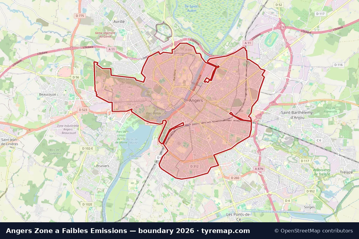 Map of the Zone a Faibles Emissions boundary in Angers, 2026