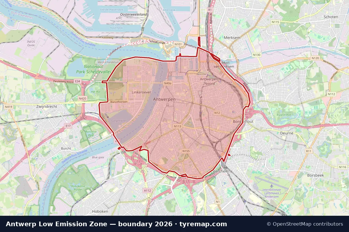 Map of the Low Emission Zone boundary in Antwerp, 2026