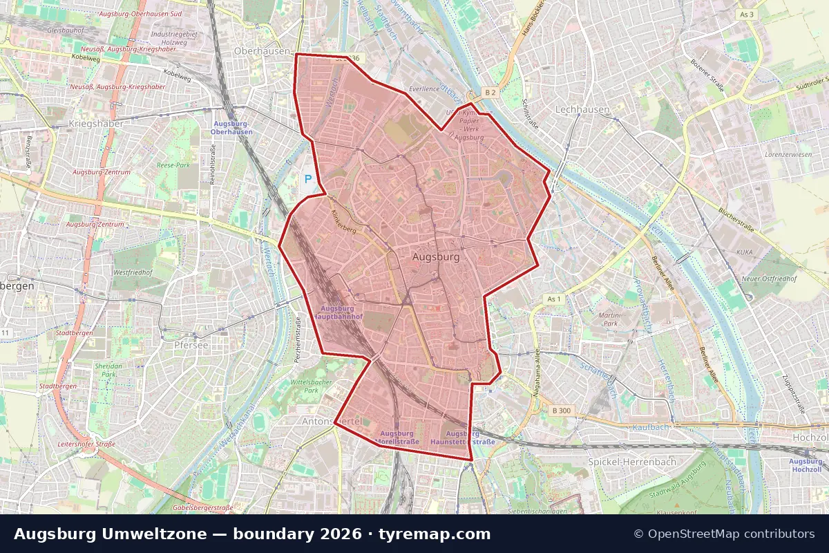 Karte: Grenze der Umweltzone in Augsburg, 2026
