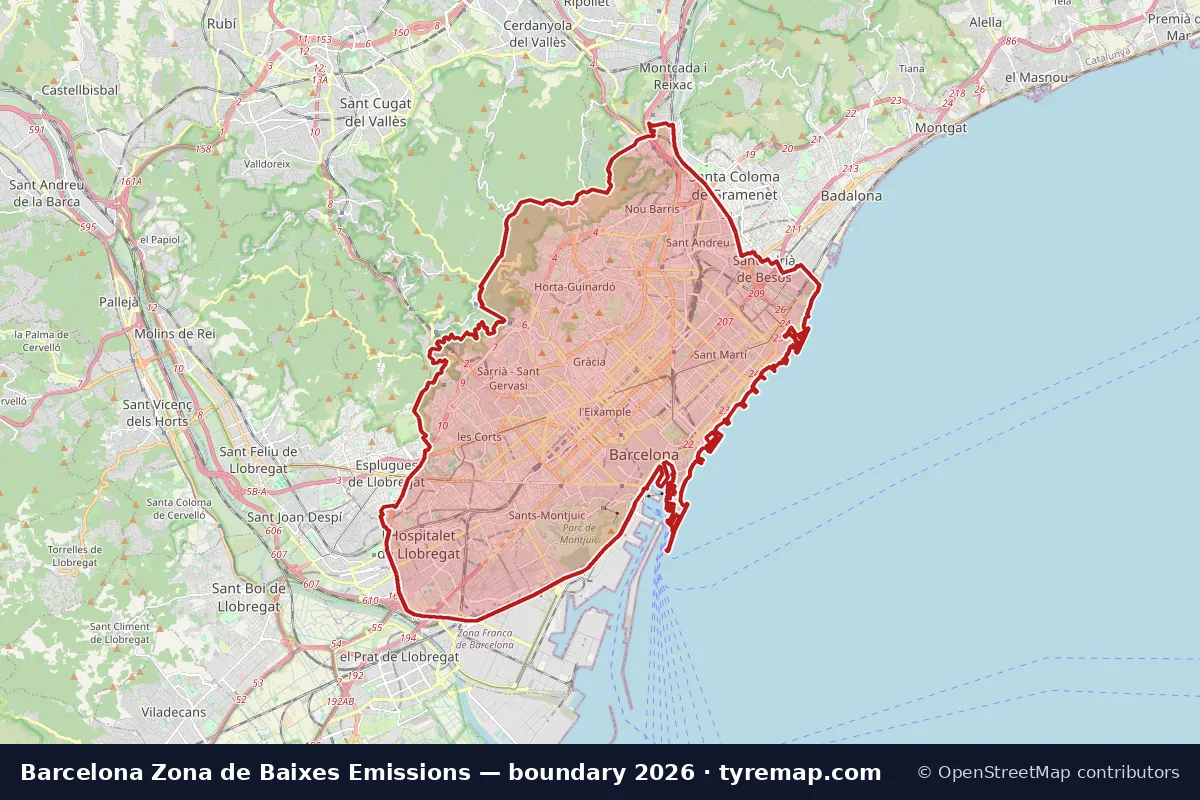 Map of the Zona de Baixes Emissions boundary in Barcelona, 2026