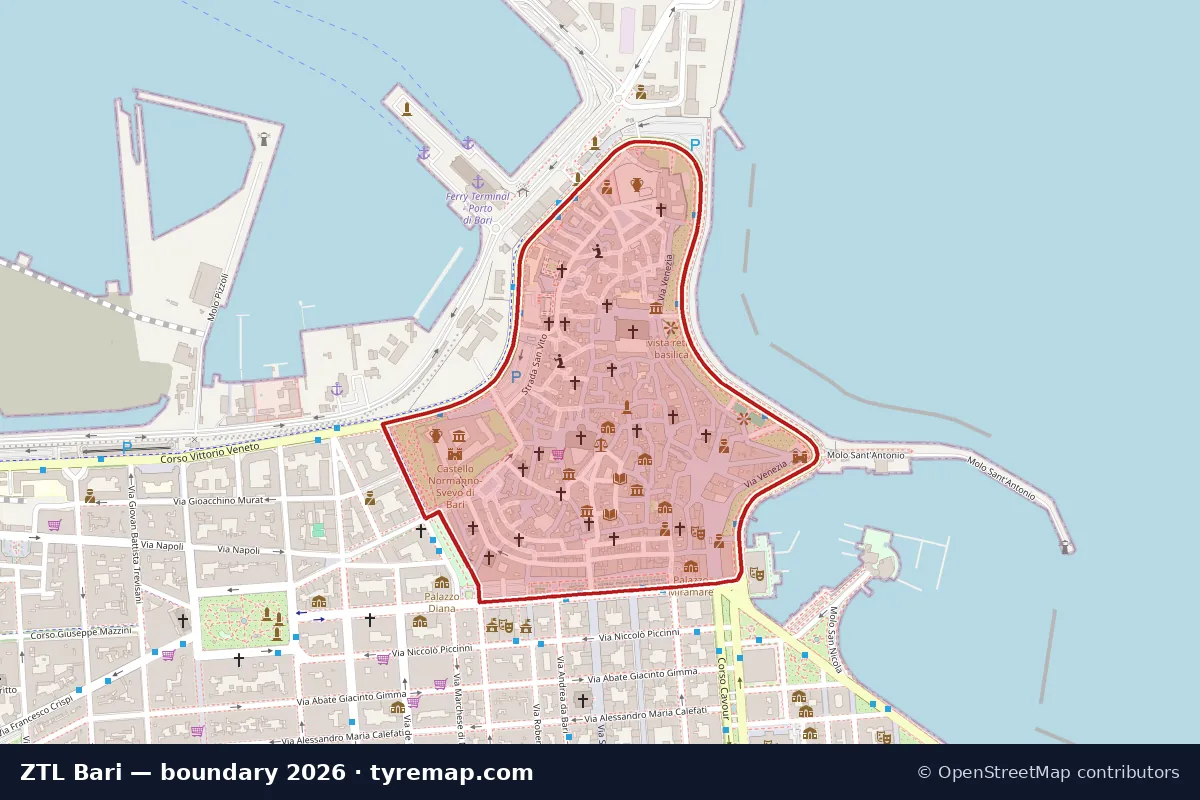 Map of the ZTL Città Vecchia boundary in Bari, 2026