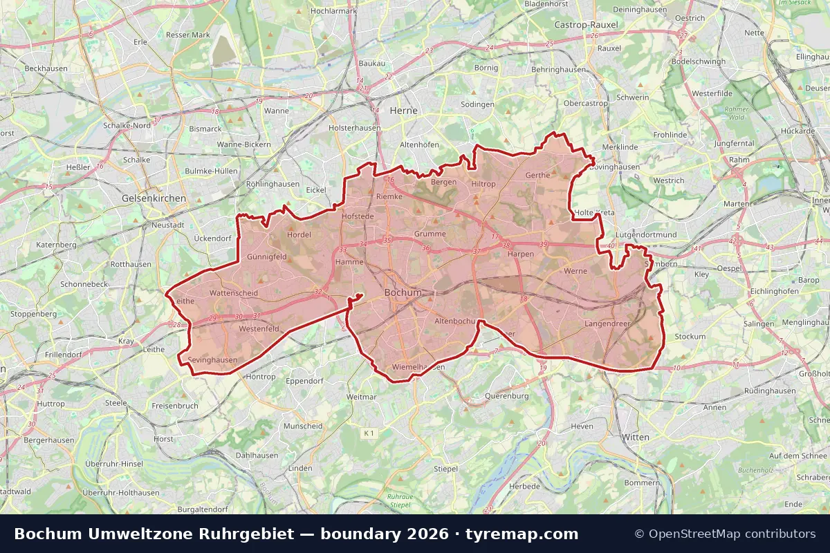 Map of the Umweltzone Ruhrgebiet boundary in Bochum, 2026