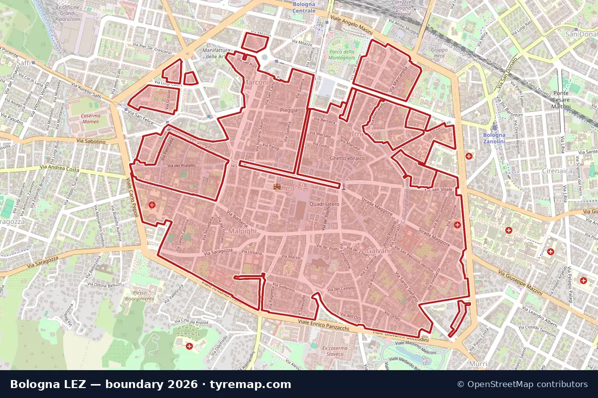Map of the ZTL Centro Storico boundary in Bologna, 2026