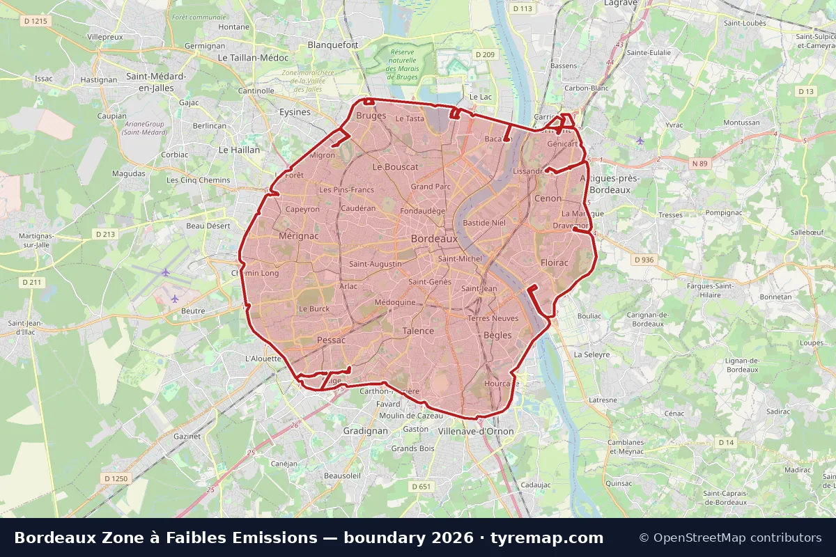 Map of the Zone à Faibles Emissions boundary in Bordeaux, 2026
