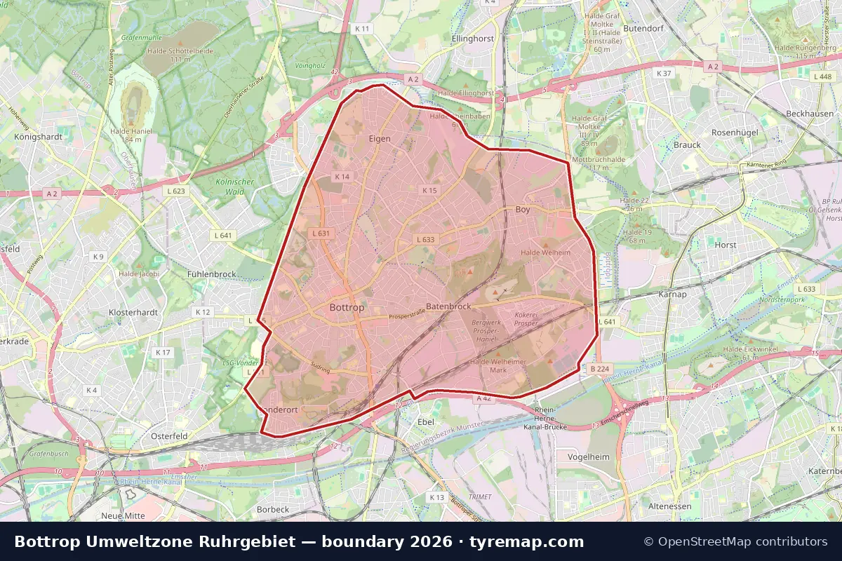 Karte: Grenze der Umweltzone Ruhrgebiet in Bottrop, 2026