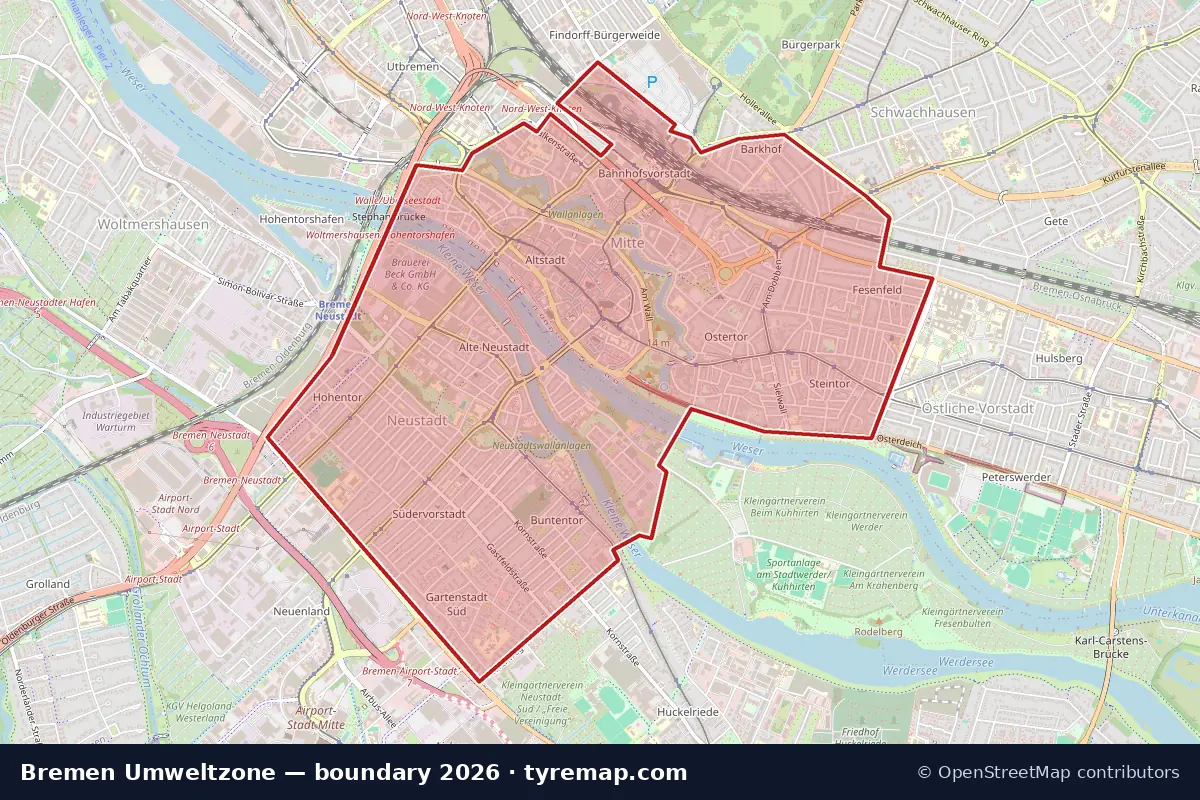 Map of the Umweltzone boundary in Bremen, 2026