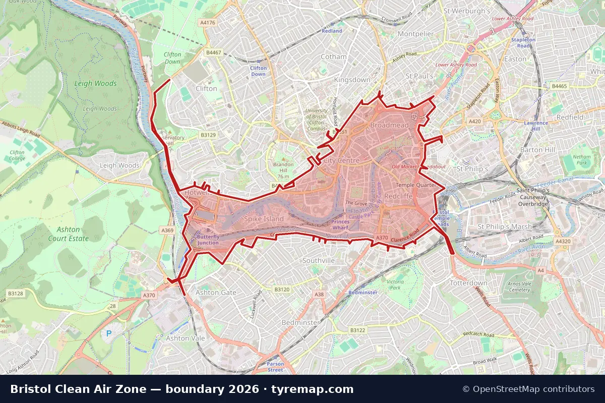 Map of the Clean Air Zone boundary in Bristol, 2026