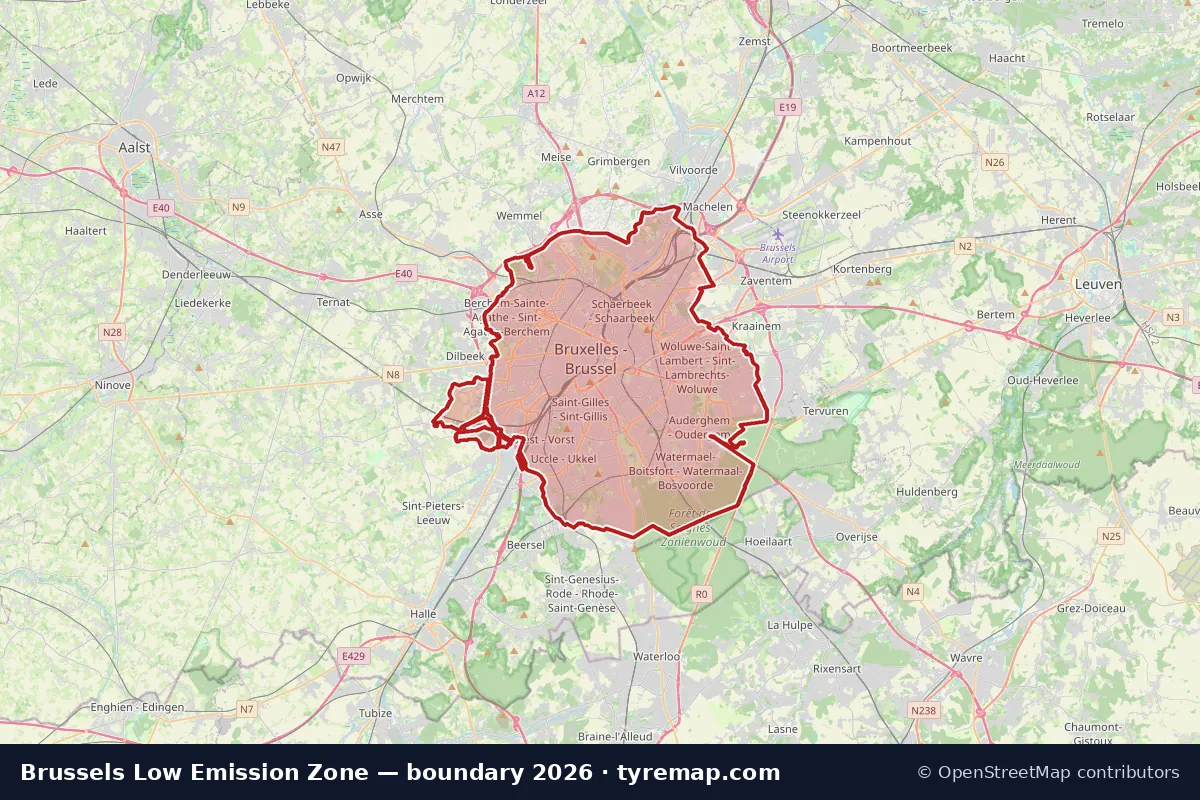 Map of the Low Emission Zone boundary in Brussels, 2026