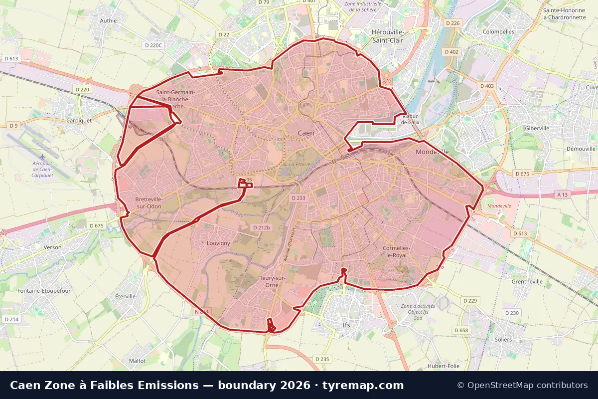 Carte du périmètre Zone à Faibles Emissions à Caen, 2026