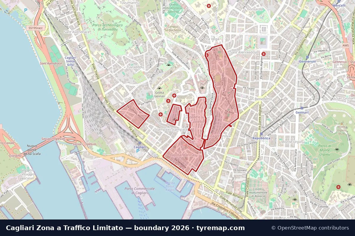 Mappa del perimetro Zona a Traffico Limitato a Cagliari, 2026