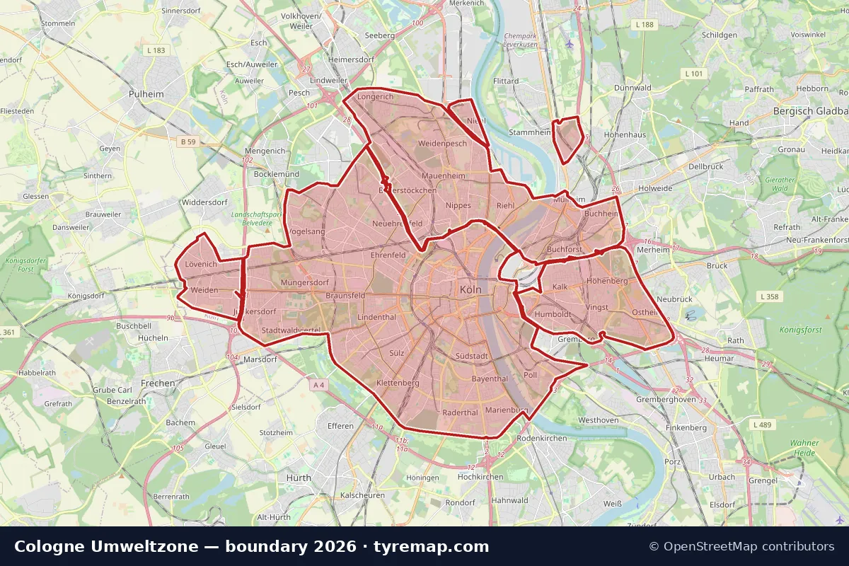 Karte: Grenze der Umweltzone in Cologne, 2026