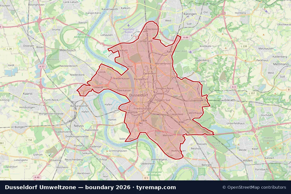 Karte: Grenze der Umweltzone in Dusseldorf, 2026