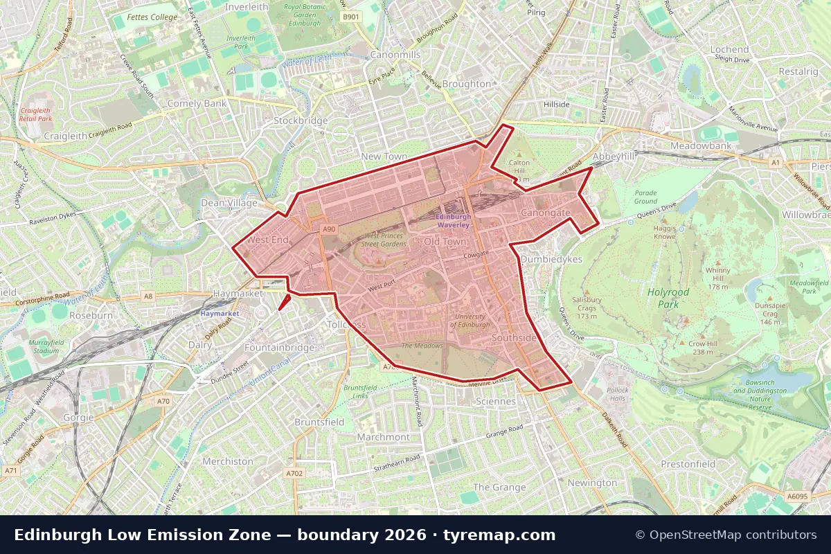 Map of the Low Emission Zone boundary in Edinburgh, 2026