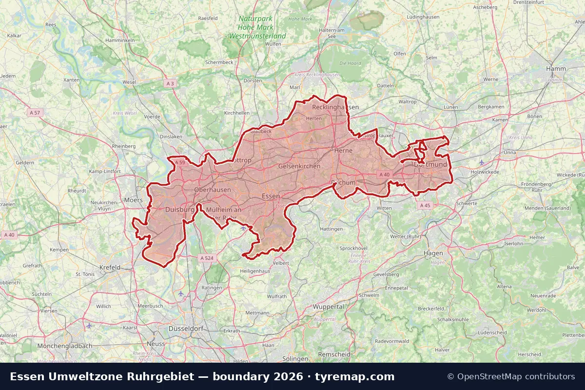 Map of the Umweltzone Ruhrgebiet boundary in Essen, 2026