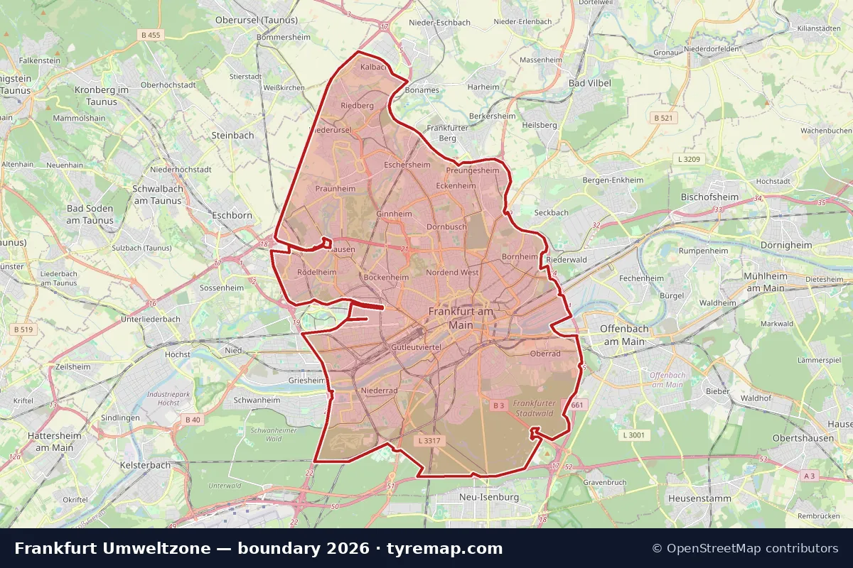 Map of the Umweltzone boundary in Frankfurt, 2026