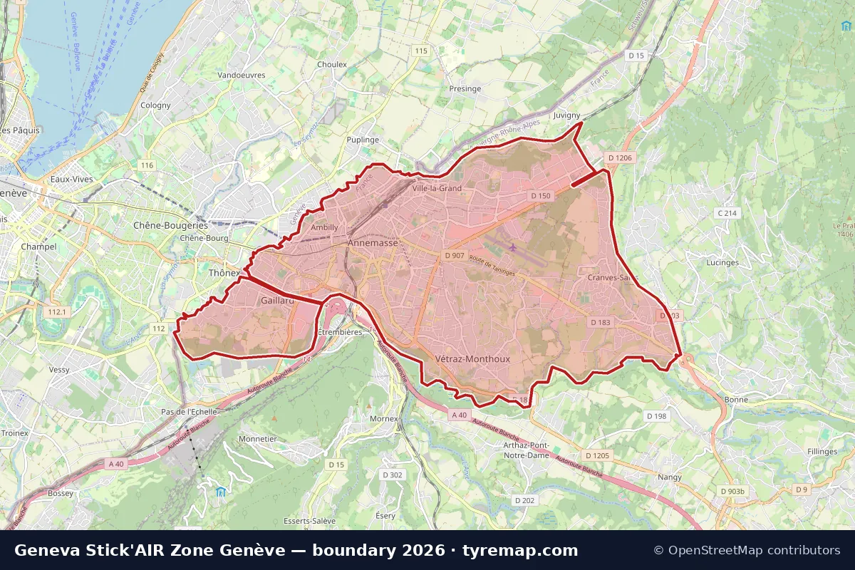 Map of the Stick'AIR Zone Genève boundary in Geneva, 2026