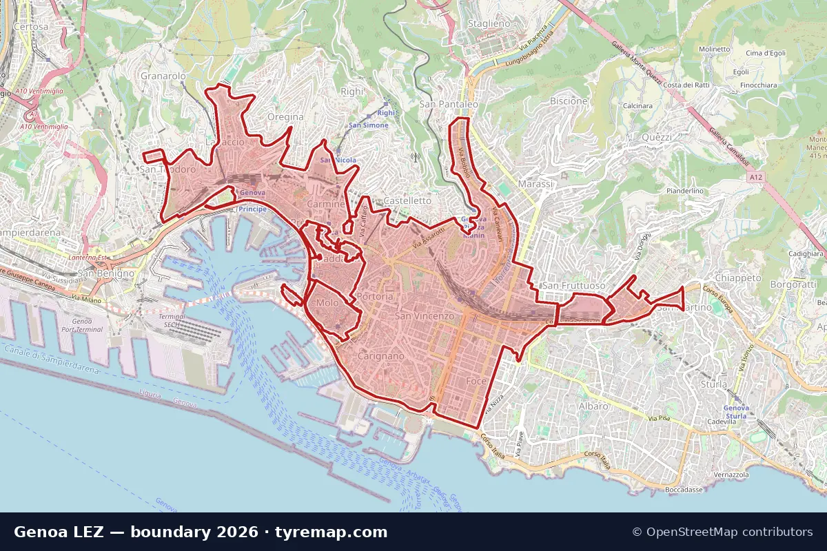 Map of the ZTL Centro Storico boundary in Genoa, 2026