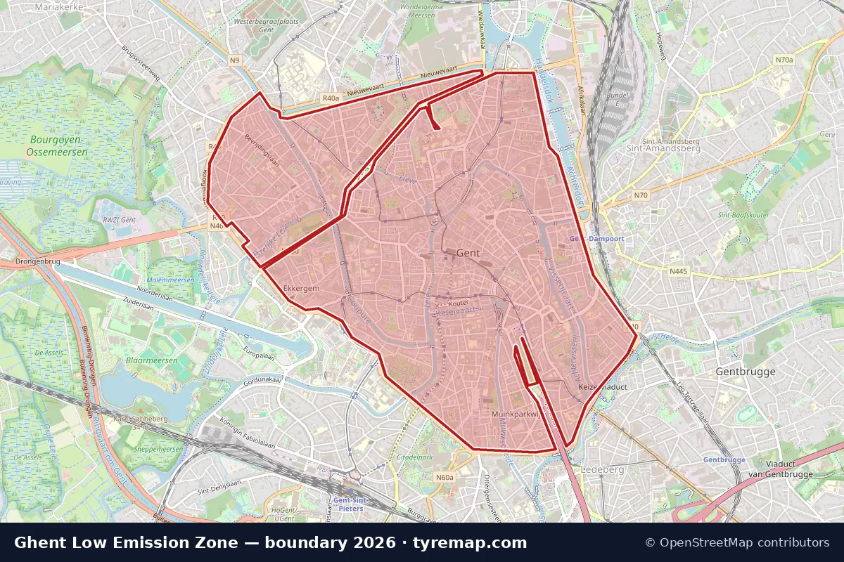 Map of the Low Emission Zone boundary in Ghent, 2026