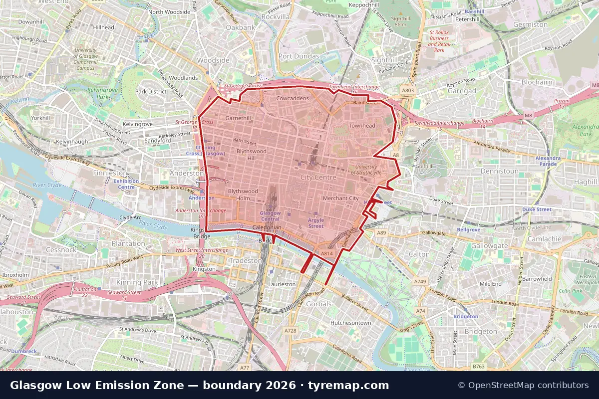 Map of the Low Emission Zone boundary in Glasgow, 2026