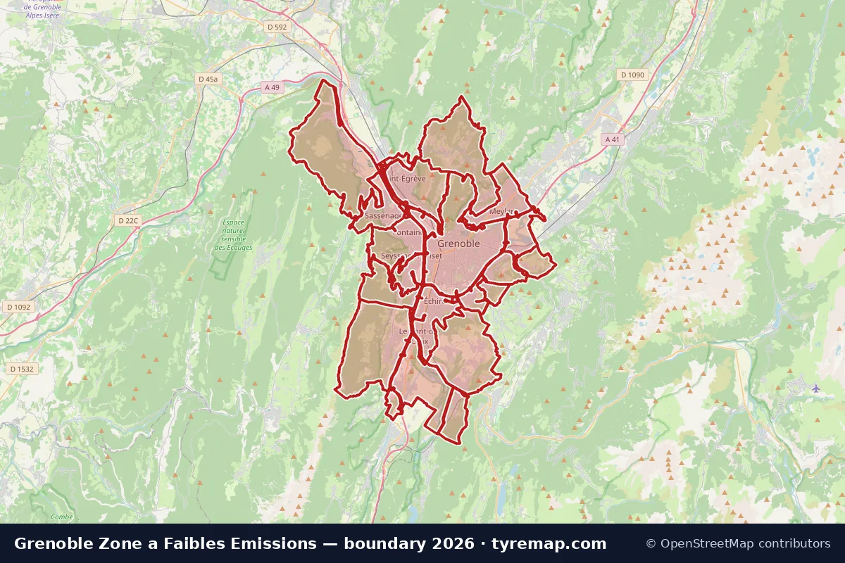 Map of the Zone a Faibles Emissions boundary in Grenoble, 2026