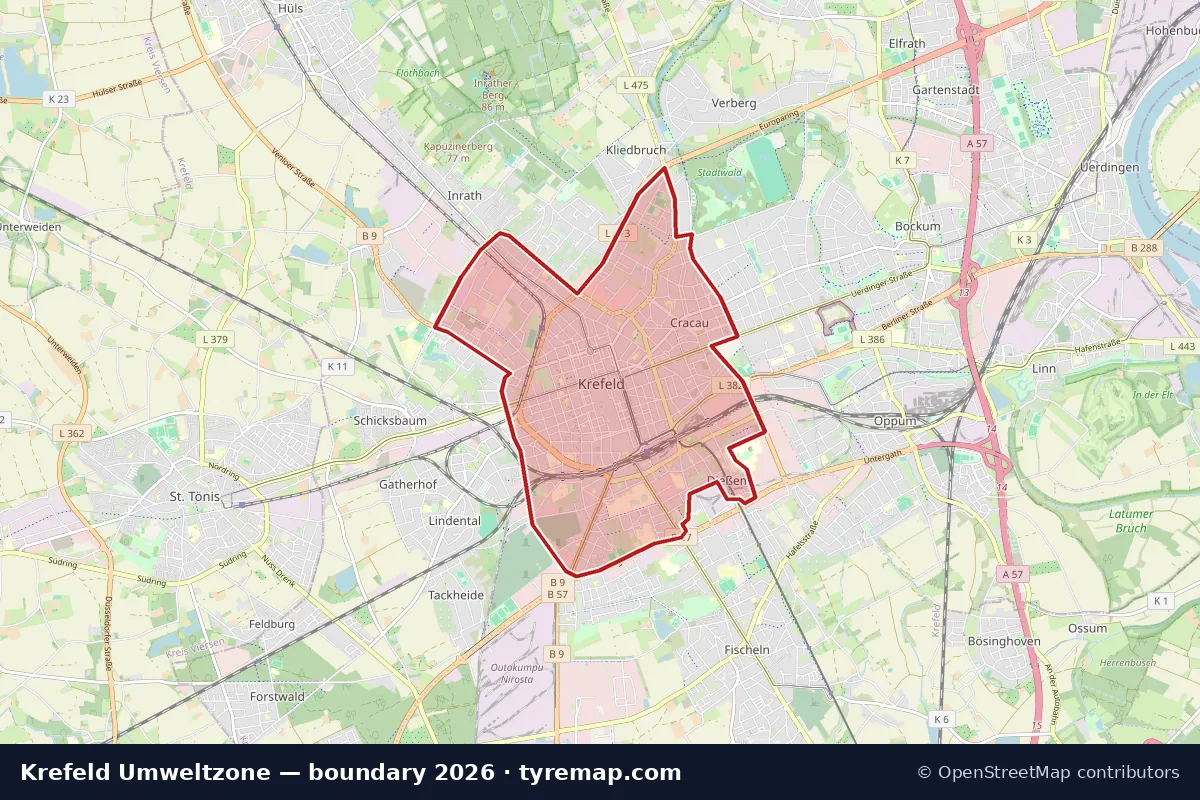 Karte: Grenze der Umweltzone in Krefeld, 2026
