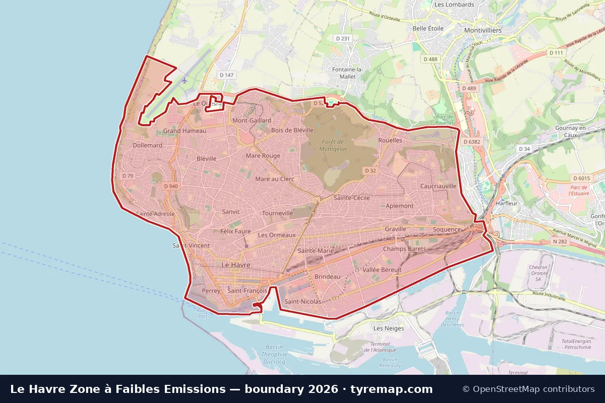 Map of the Zone à Faibles Emissions boundary in Le Havre, 2026