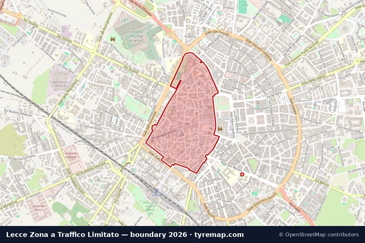 Mappa del perimetro Zona a Traffico Limitato a Lecce, 2026