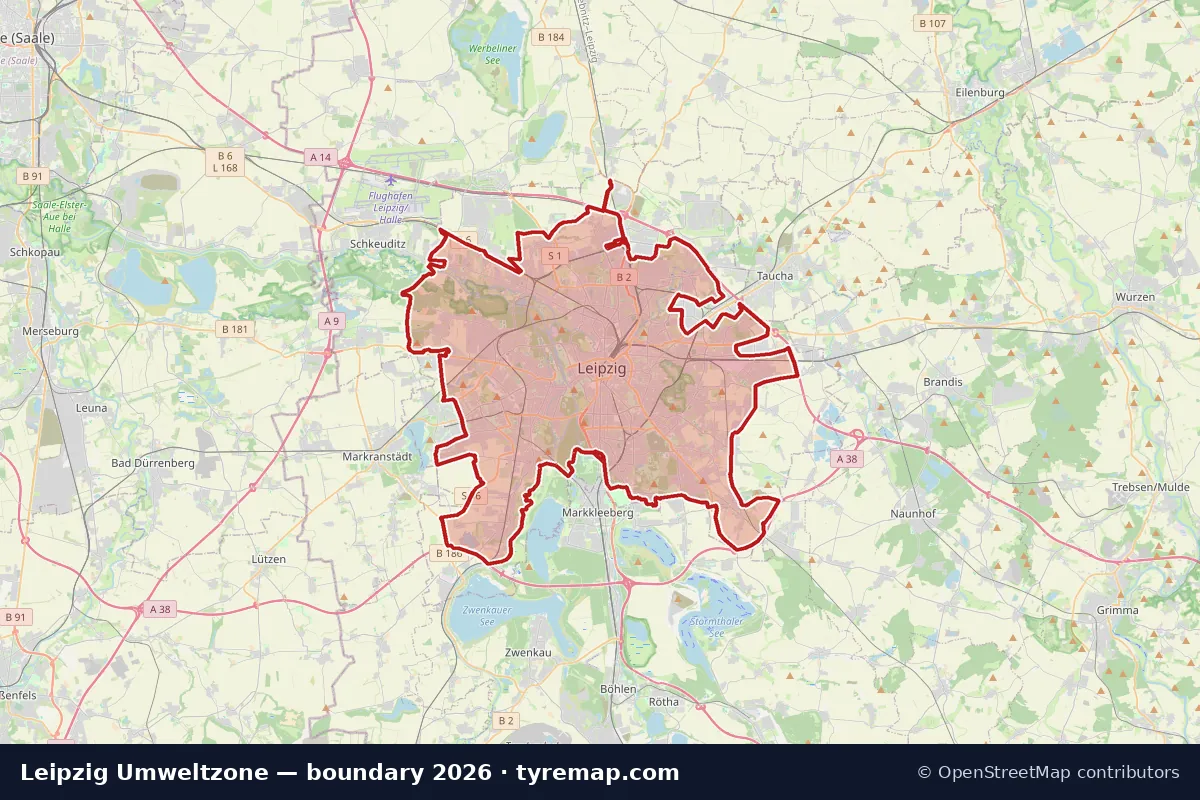 Map of the Umweltzone boundary in Leipzig, 2026
