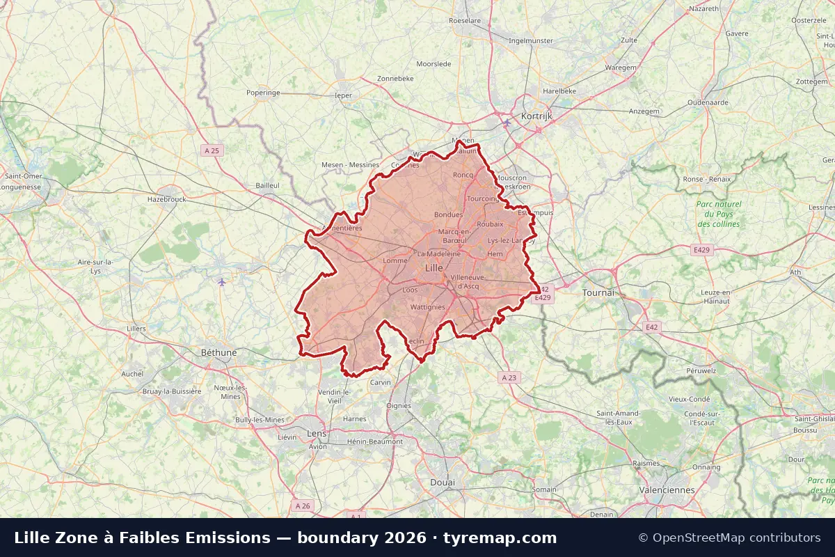 Carte du périmètre Zone à Faibles Emissions à Lille, 2026