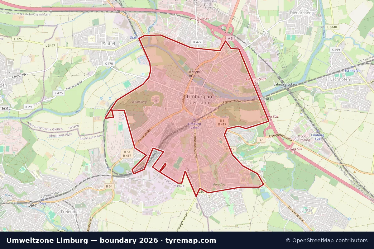 Map of the Umweltzone Limburg boundary in Limburg, 2026