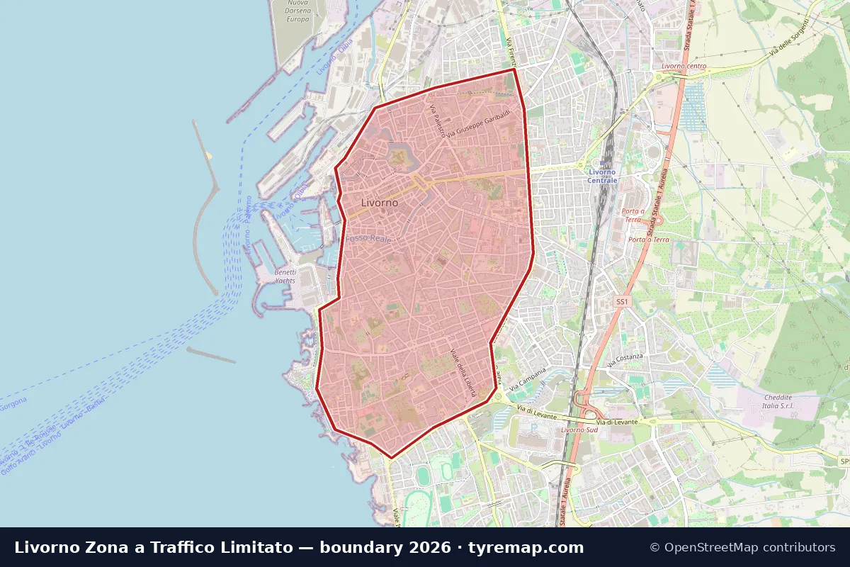 Mappa del perimetro Zona a Traffico Limitato a Livorno, 2026