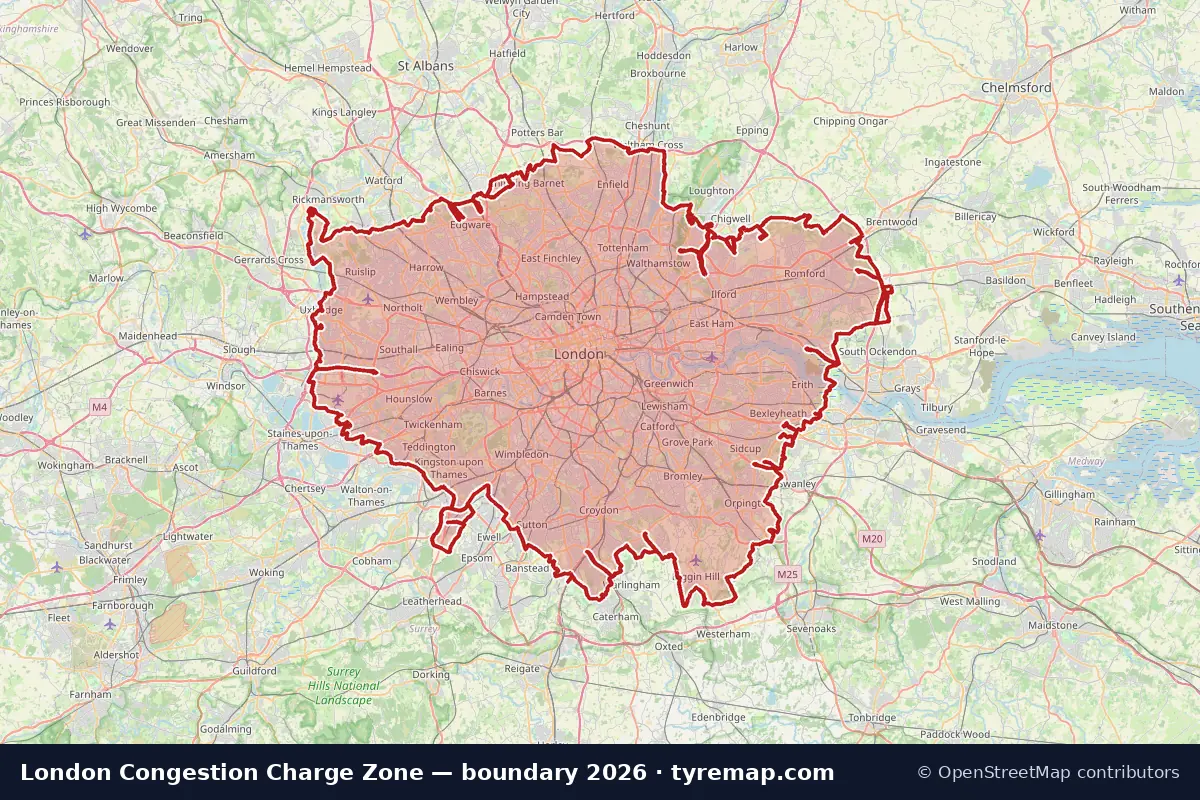 Map of the Congestion Charge Zone boundary in London, 2026