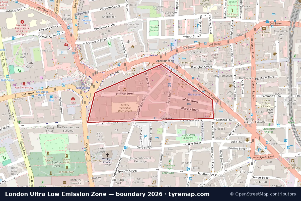 Map of the Ultra Low Emission Zone boundary in London, 2026
