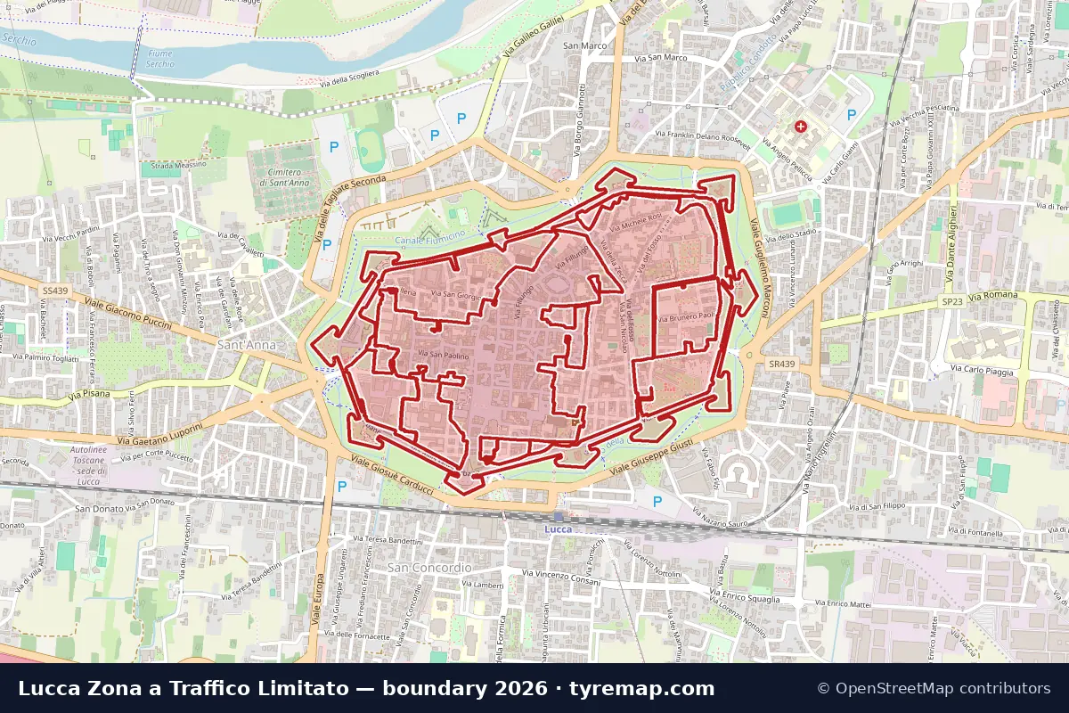Mappa del perimetro Zona a Traffico Limitato a Lucca, 2026