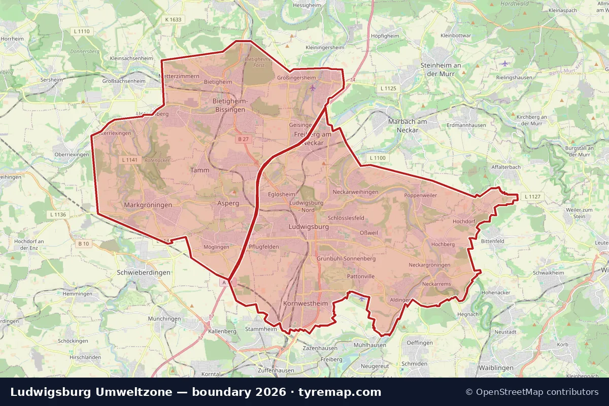 Map of the Umweltzone boundary in Ludwigsburg, 2026