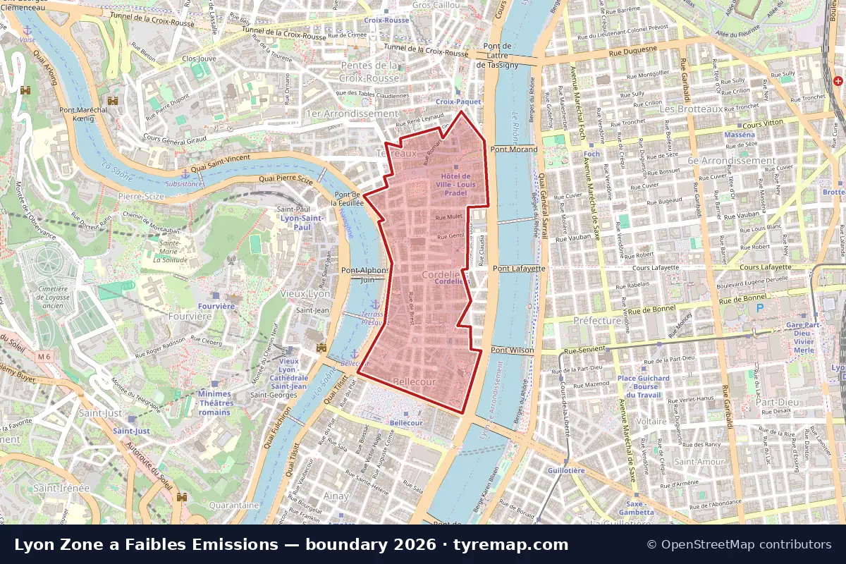 Map of the Zone a Faibles Emissions boundary in Lyon, 2026