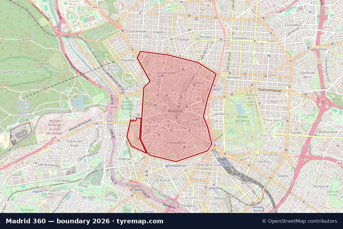 Mapa del límite de Madrid 360 en Madrid, 2026