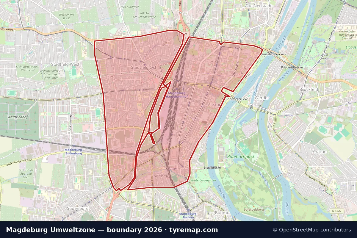 Karte: Grenze der Umweltzone in Magdeburg, 2026