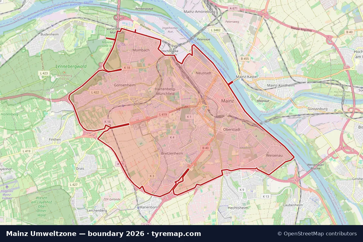 Karte: Grenze der Umweltzone in Mainz, 2026