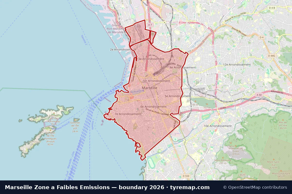 Map of the Zone a Faibles Emissions boundary in Marseille, 2026