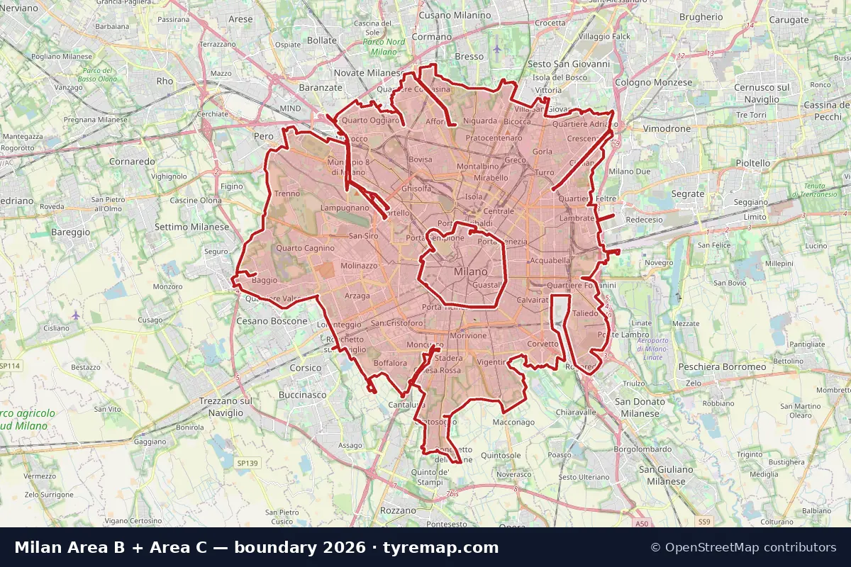 Map of the Area B + Area C boundary in Milan, 2026