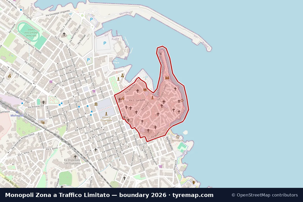 Mappa del perimetro Zona a Traffico Limitato a Monopoli, 2026