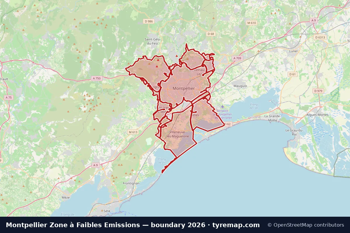 Carte du périmètre Zone à Faibles Emissions à Montpellier, 2026