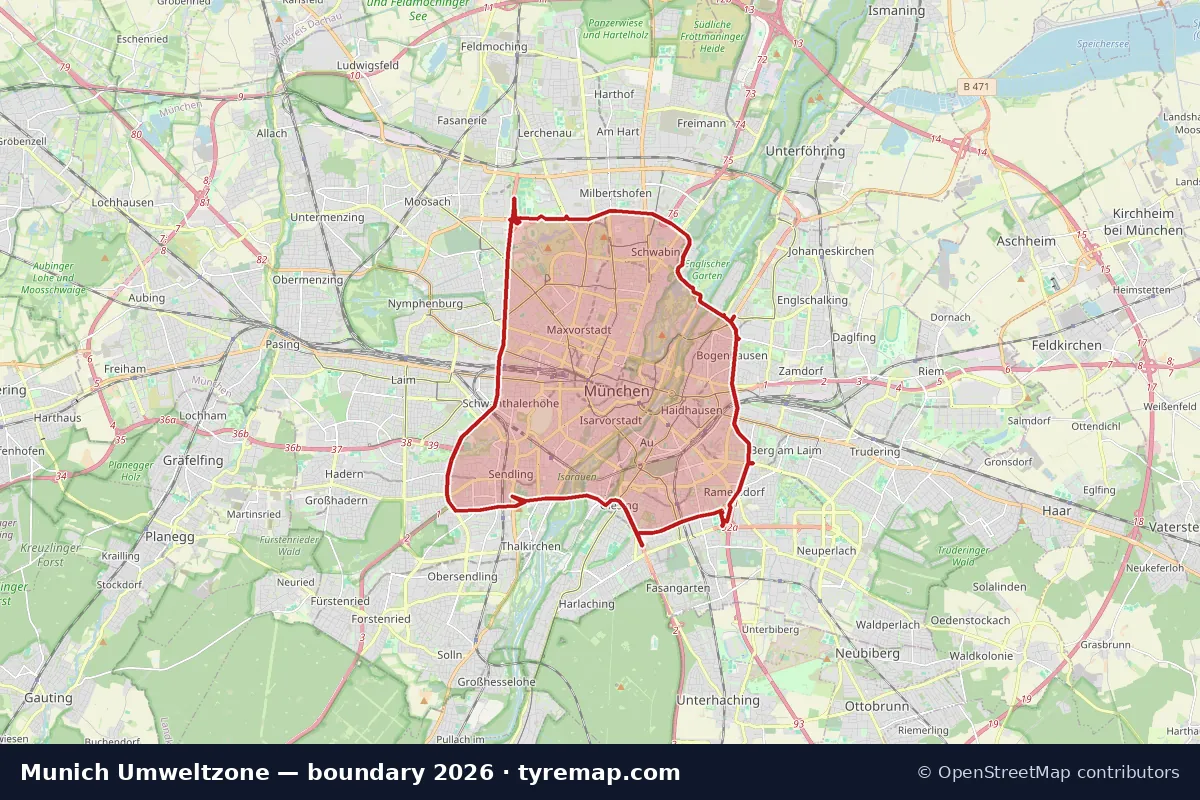 Karte: Grenze der Umweltzone in Munich, 2026