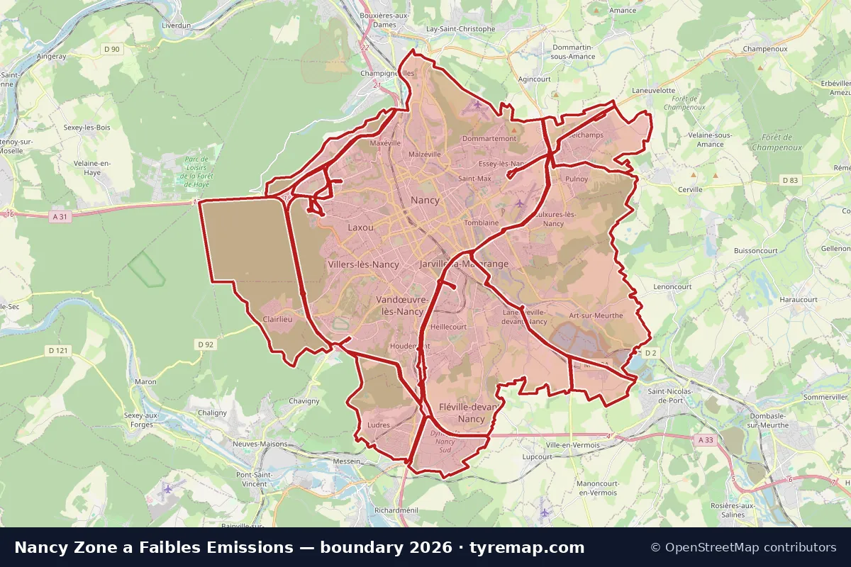 Carte du périmètre Zone a Faibles Emissions à Nancy, 2026