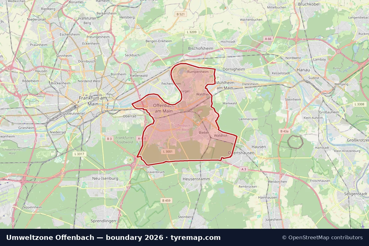 Map of the Umweltzone Offenbach boundary in Offenbach, 2026