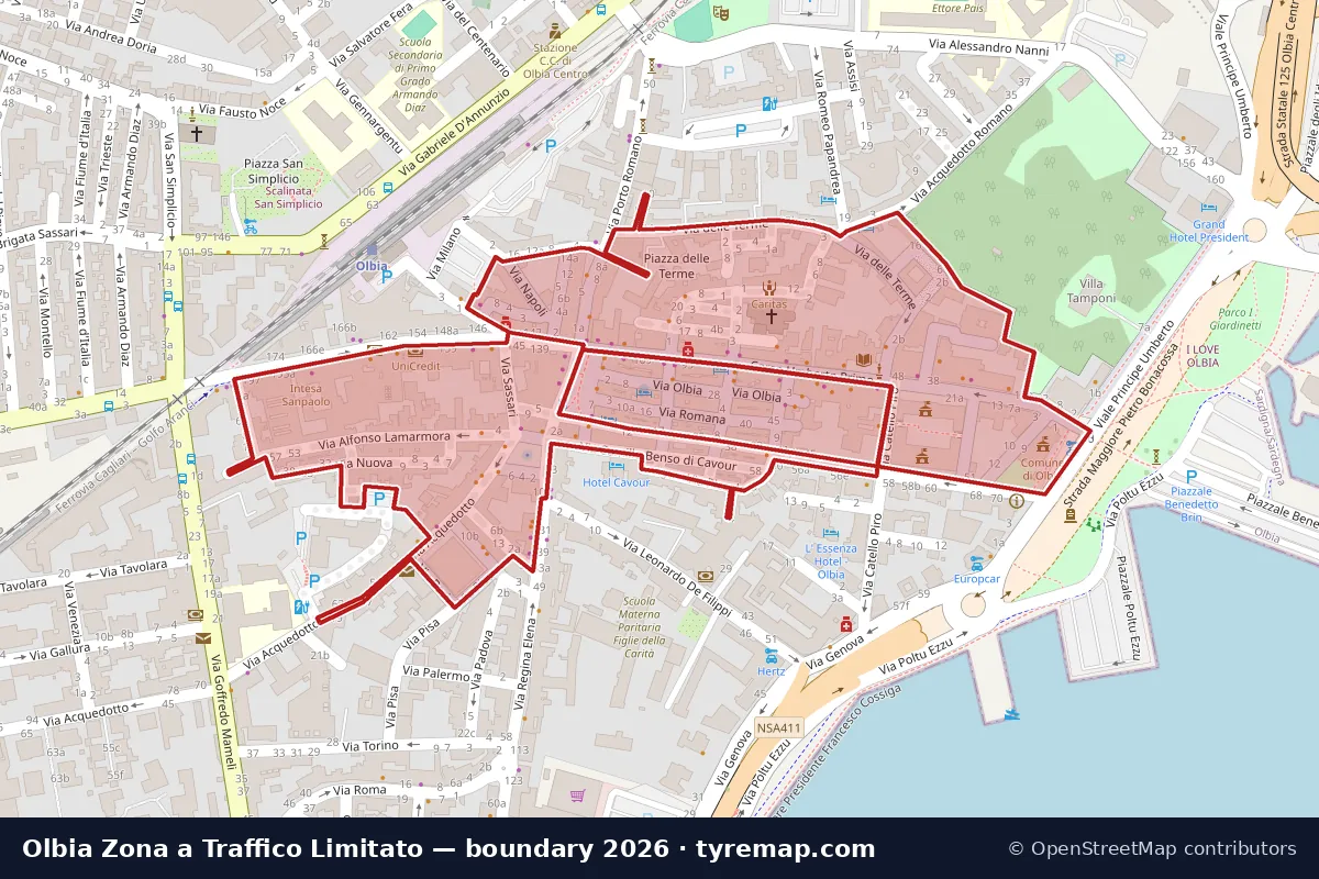 Mappa del perimetro Zona a Traffico Limitato a Olbia, 2026