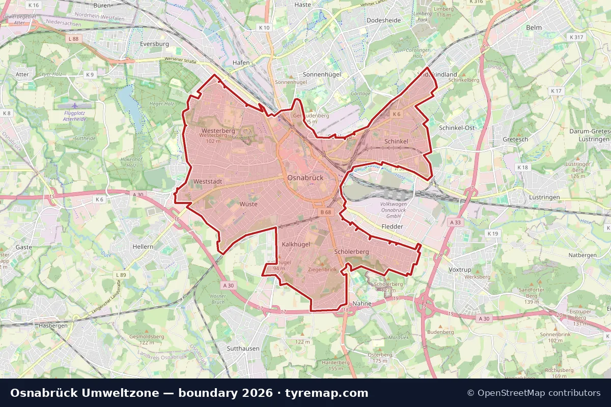 Karte: Grenze der Umweltzone in Osnabrück, 2026